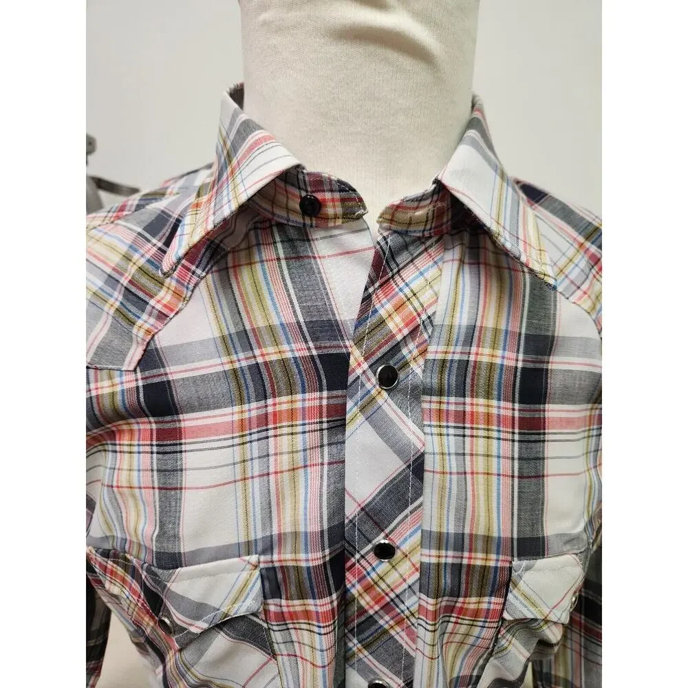 Vintage 60s Wrangler Cursive Label USA Western Plaid Pearl Buttons Nwot 16-34 - Picture 4 of 12